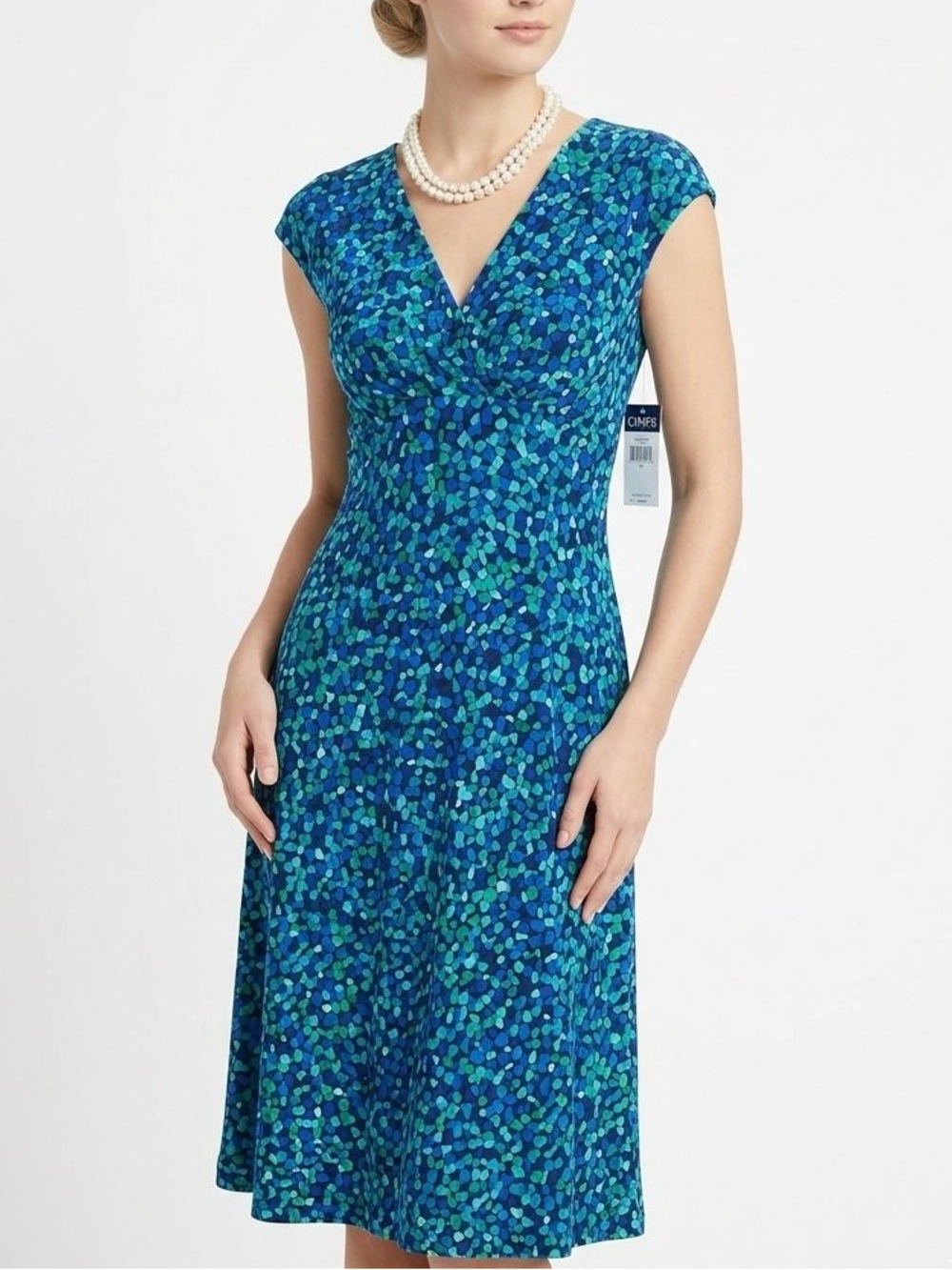 CHAPS NWT Blue Abstract Print V-Neck Cap Sleeve Fit & Flare Midi Dress Size S